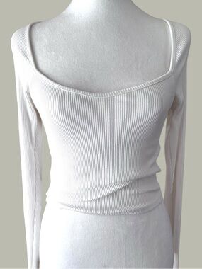 Wild Fable White Ribbed Square Neck Long Sleeve Top XS Fitted Stretch